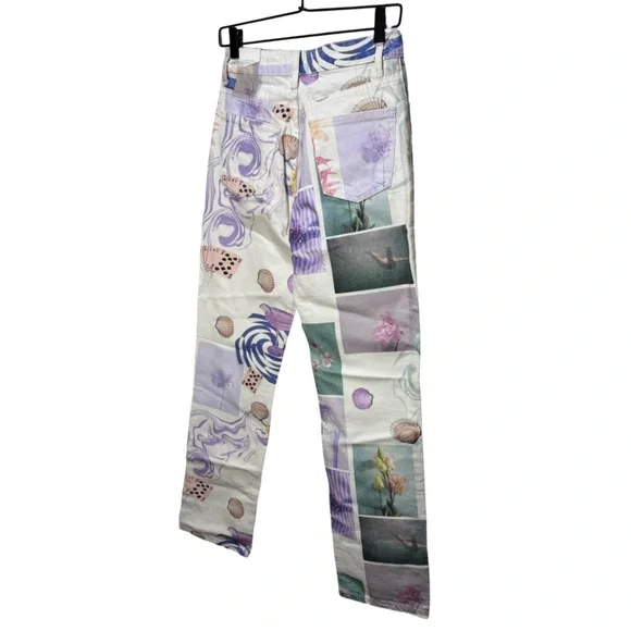 Zara NWT Size 4 Cream Pastel Seashell Art Print Straight Leg Jeans - Picture 9 of 11